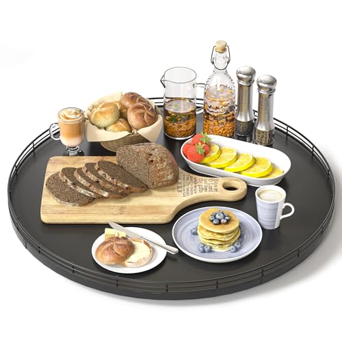 18 Inch Oak Lazy Susan Organizer with Black Metal Rail