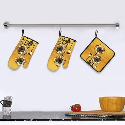 Sunflower Oven Mitts and Pot Holders Set of 3 Gold Oven Glove (3 Count)