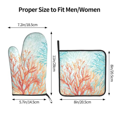 Coastal Coral Oven Mitts and Pot Holder Set of 2 Beach Ocean Heat Resistant Kitchen Oven Mittens Potholders for Baking Cooking Grilling BBQ