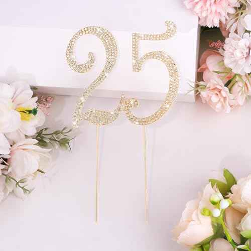 Gold 25th Birthday Cake Topper Rhinestones Cake Decorations for 25th Birthday Party