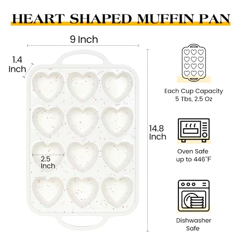 12 Cup Heart Shaped Silicone Muffin Pan for Baking with Metal Frame