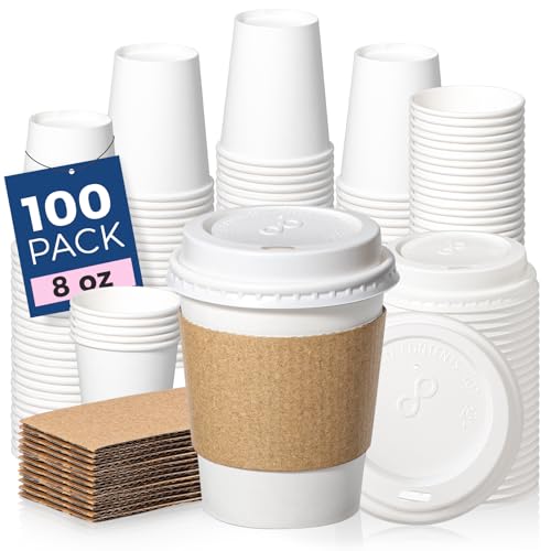 100 Pack 8 oz Disposable Coffee Cups with Lids (100 Count)