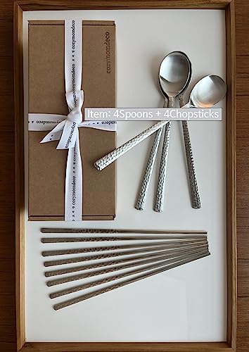 Korean Made Silver Glossy Hammered Stainless Steel Korean Spoon & Chopstick SET Gift for Mom Stocking Stuffer
