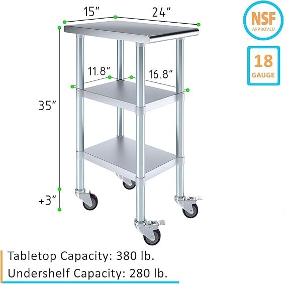 Stainless Steel Work Table with 2 Shelves and Casters