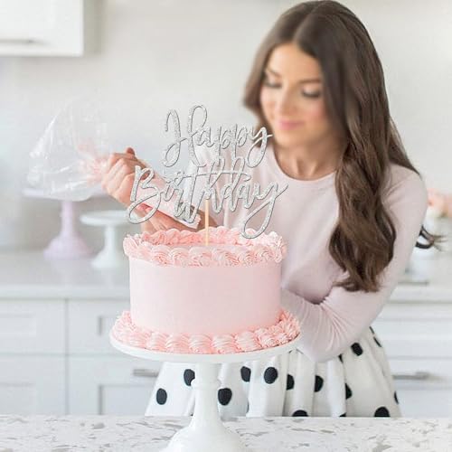 1 PCS Happy Birthday Cake Topper Glitter Happy Birthday Cake Pick for Celebrating Happy Birthday Anniversary Theme Party Cake Decorations Supplies Silver