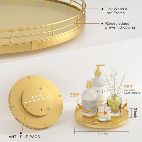 9 Inch Oak Lazy Susan Vanity Tray with Gold Metal Rail
