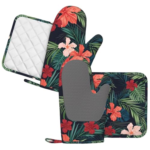 Tropic Hawaiian Hibiscus Flower Oven Mitts Pot Holders Set Silicone Heat Resistant Green Leaves Red Floral Oven Mitts and Hot Pads Potholders Non
