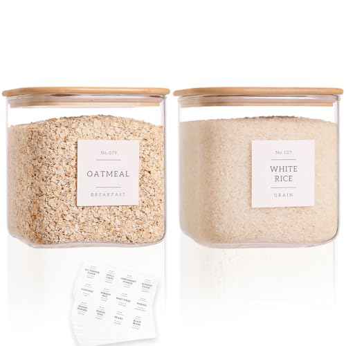 2 Pack Square Glass Flour and Sugar Containers with 132 Kitchen Pantry Labels (2 Count)