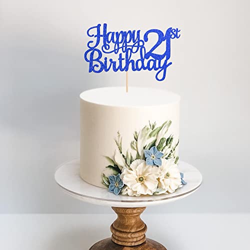 1 PCS Happy 21st Birthday Cake Topper Glitter Cheers to 21 Years Cake Pick 21 Fabulous Cake Decoration for 21st Birthday Theme Party Decorations Supplies Blue