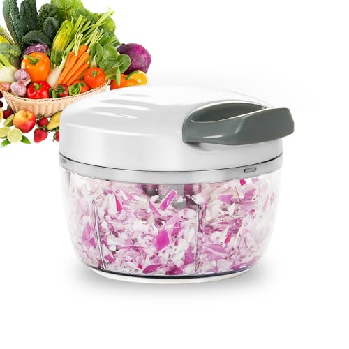 Manual Food Processor Vegetable Chopper 2.3 Cup Small Mini Hand Pull String Onion Chopper Garlic Mincer Cutter with 3 Stainless Steel Blades
