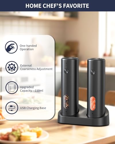 Rechargeable Electric Salt and Pepper Grinder Set with Charging Base (2 Count)