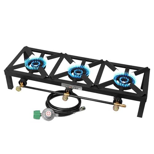 Propane Triple Burner Angle Iron Camp Stove with CSA Listed Regulator and 4ft Hose
