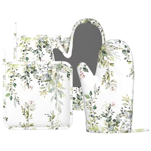 Sage Green Eucalyptus Oven Mitts and Pot Holders Sets Silicone Watercolor Butterfly Leaves Kitchen Mitts Potholders Heat Resistant 4Pcs Oven Gloves Hot Pads for Kitchen Baking Cooking (4 Count)