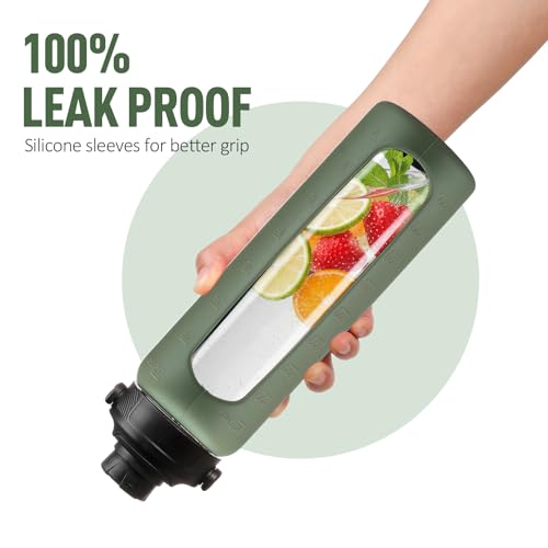 32oz Glass Water Bottle with Straw and 2 Lids