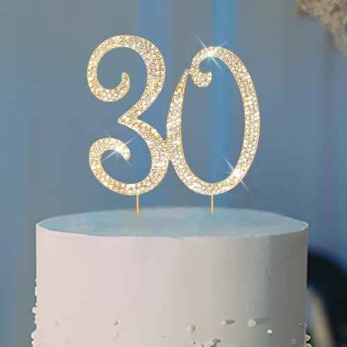 30th Birthday Decorations for Women Rhinestone Gold Cake Topper
