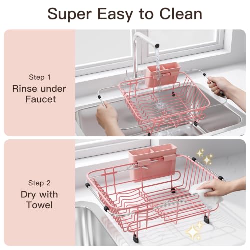 Pink Dish Drying Rack in Sink with Utensil Holder
