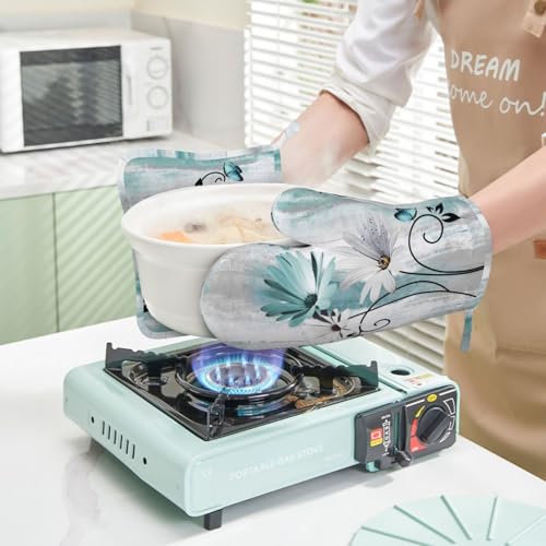 Teal Daisy Oven Mitts Pot Holders Set Silicone Heat Resistant Farm Teal Daisy Floral Flowers and Butterfly Oven Mitts and Hot Pads Potholders Non
