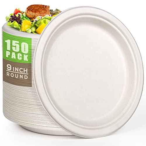 100% Compostable Plates 9 Inch 150 Pack Disposable Plates Heavy (150 Count)