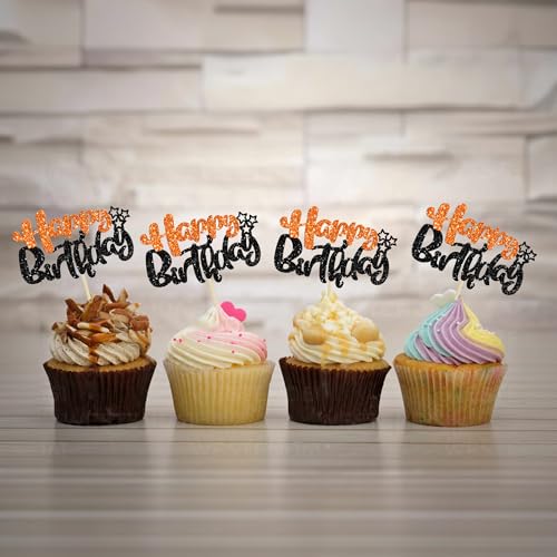 24Pcs Happy Birthday Cupcake Toppers Double Layer Glitter Happy Birthday Cake Decorations for Halloween Baby Shower Theme Anniversary Party Cake Decorations Supplies Black Orange (24 Count)