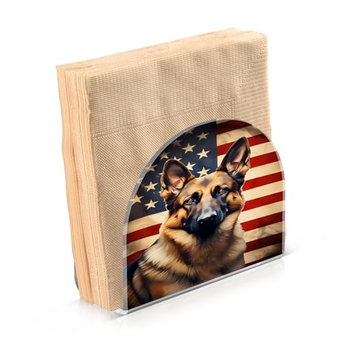 Dog German Shepherd American Flag Napkin Holder for Table Paper Napkins Holder Acrylic Tissue Dispenser Kitchen Dining Room Bathroom Party Car Decor