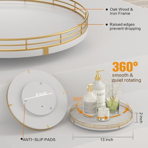 13 Inch White and Gold Wooden Lazy Susan Spice Organizer