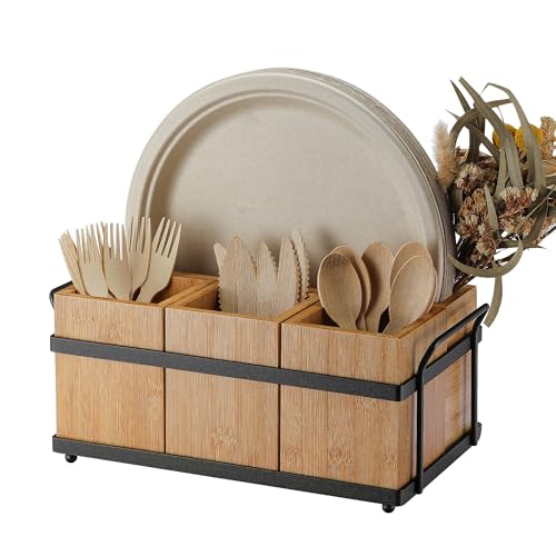 Silverware Caddy Wood Utensil Holder Paper Plate Dispenser Silverware Utensil Caddy Cutlery Flatware Organizer Box for Spoons Forks Plates Napkins