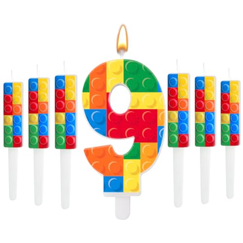 7 Pcs Building Block Themed Birthday Candles Set Building Blocks Number 9 Candle Cake Topper for Building Block Party Decoration Supplies (7 Count)