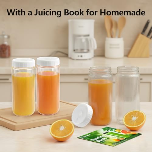 8pack Stripe 16oz Glass Juice Bottles with Lids & Straws & Juicing Recipe (10 Count)