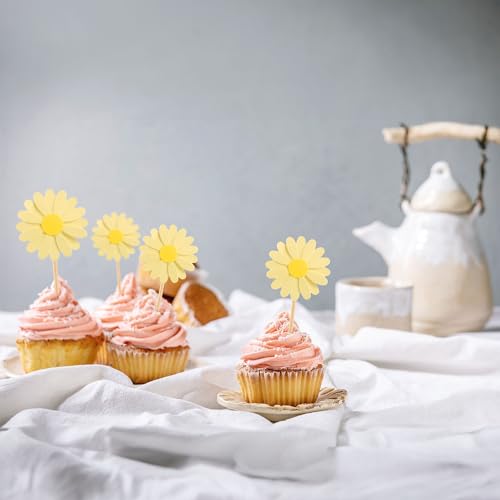 24Pcs Daisy Cupcake Toppers Daisy Flower Party Picks Spring Daisy Toothpicks Chrysanthemum Food Picks Girls Baby Shower Birthday Wedding Party Decorations Yellow (24 Count)