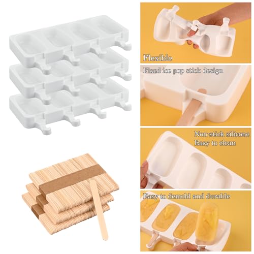 3 Pack Large Silicone Popsicle Molds with 150 Pcs Wooden Sticks (153 Count)