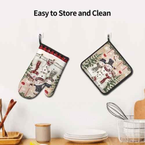 Winter Snowman Oven Mitts and Pot Holder 2Pcs Xmas Tree Kitchen Gloves Potholder Heat Resistant Hot Pad Baking Cooking Grilling Accessories