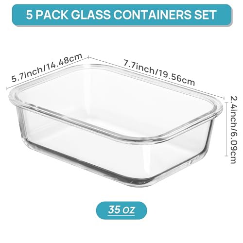 5 Pack 35oz Glass Food Storage Containers with Lids (5 Count)