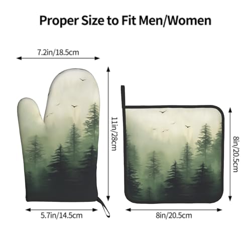 Green Misty Forest Oven Mitts and Pot Holder Set of 2 Mountain Woodland Heat Resistant Kitchen Gloves Hot Pad for Baking Cooking Microwave