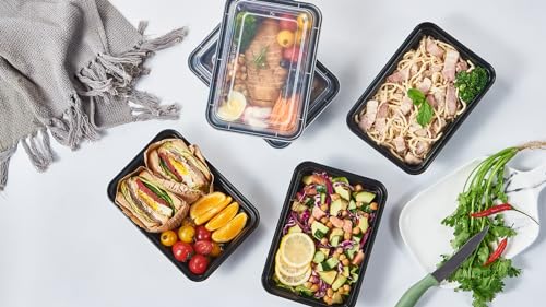32 oz 50Pack Plastic Meal Prep Food Storage Containers with Lids Reusable 1 Compartment To Go Lunch Box Black Extra Large &Thick Microwave Freezer Safe BPA Free Stackable (50 Count)
