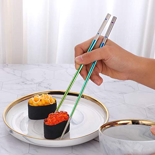 5 Pair Stainless Steel Metal Reusable Rainbow Chinese Square Chopsticks (5 Count)