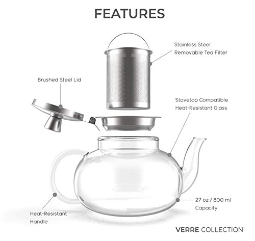 Glass Teapot Stovetop Compatible Kettle with Stainless Steel Removable Infuser