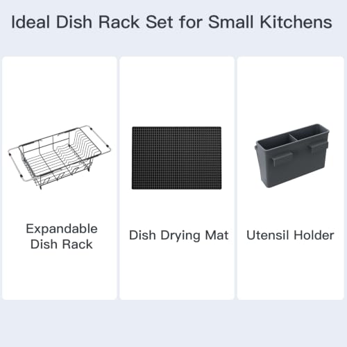 Grey Expandable Dish Drying Rack Over Sink with Extra Drying Mat