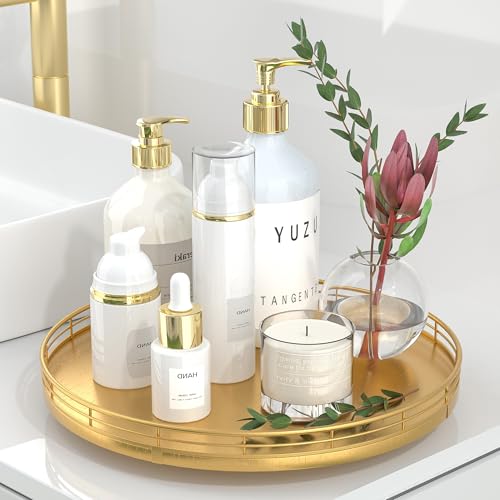 12 Inch Oak Lazy Susan Decorative Tray with Gold Metal Rail