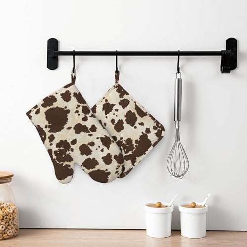 Brown Cowhide Oven Mitts and Pot Holders Sets Silicone Brown Cow Print Kitchen Mitts Cowhide Skin Pattern Potholders Heat Resistant 4Pcs Oven Gloves Hot Pads for Kitchen Baking Cooking (4 Count)