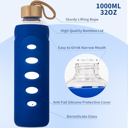 32 oz Narrow Mouth Glass Water Bottle with Windowed Silicone Sleeve