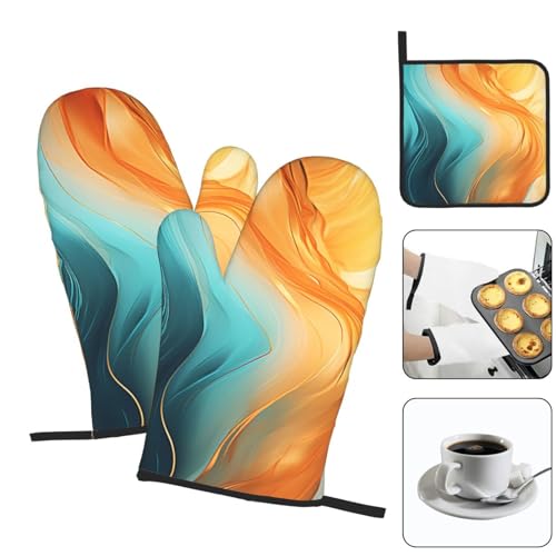 Orange Teal Marble Oven Mitts and Pot Holders Sets of 3 (3 Count)