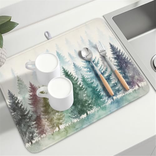 Pine Tree Dish Drying Mat Natural Forest Fog Microfiber Dishes Pad 18x24 Inch Absorbent Fast Dry Dish Drainer Rack Mats for Kitchen Counter