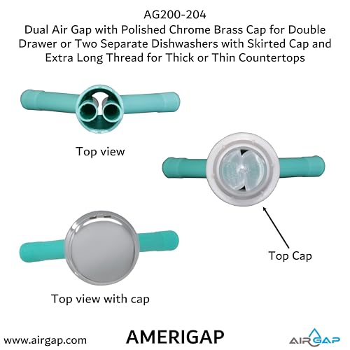 Dual Air Gap with Polished Chrome Brass Cap for Double Drawer or Two Separate Dishwashers with Skirted Cap and Extra Long Thread for Thick or Thin Countertops