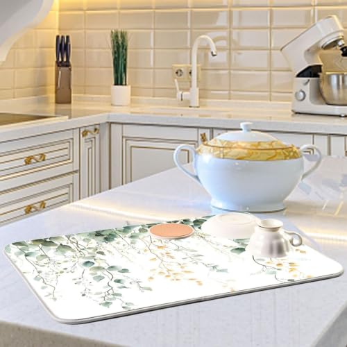 Green Sage Leaves Dish Drying Mat for Kitchen Counter Absorbent Microfiber Drying Pad