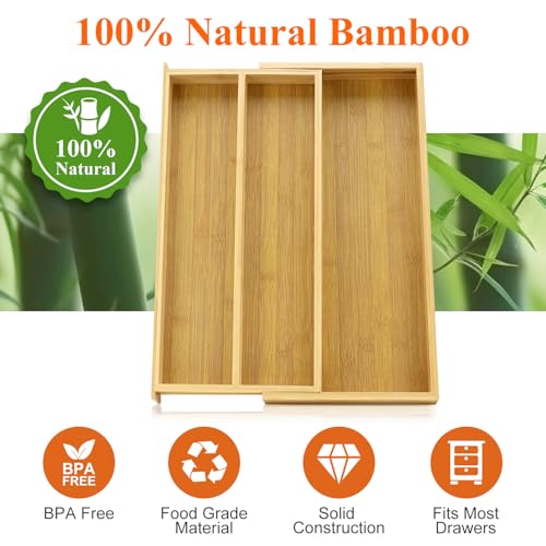 Large Bamboo Kitchen Utensil Drawer Organizer Expandable Silverware Tray