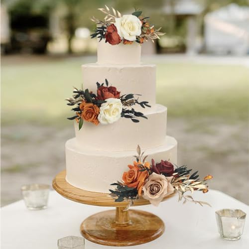 3Pcs Pre made Cake Topper Cake Decorating Flowers for Cake Decor Boho Burnt Orange Fall Cake Flowers for Wedding Baptism Birthday Party Bridal Baby Shower (3 Count)