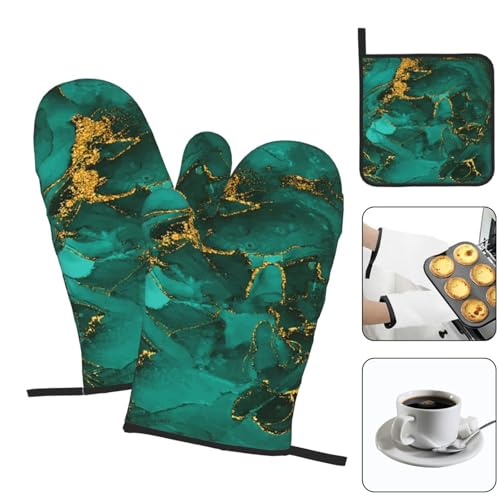 Turquoise Marble Oven Mitts and Pot Holders Sets of 3 Kitchen Decor (3 Count)