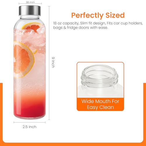 Clear Glass Bottles with Lids 18oz Water Bottles (6 Count)