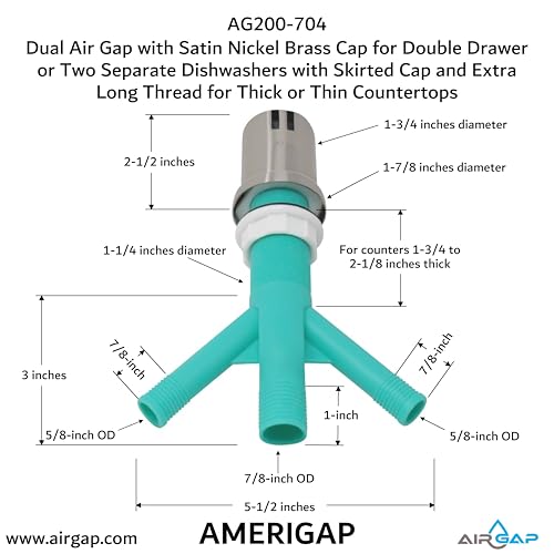 Dual Air Gap with Satin Nickel Brass Cap for Double Drawer or Two Separate Dishwashers with Skirted Cap and Extra Long Thread for Thick or Thin Countertops