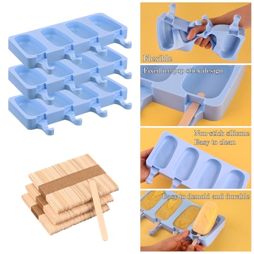 3 Pack Large Silicone Popsicle Molds with 150 Pcs Wooden Sticks (3 Count)